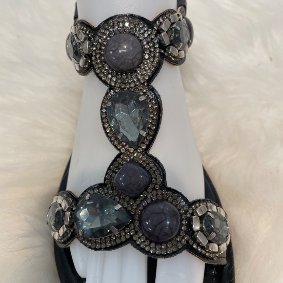 Rhinestone Sandals T-Strap Buckle Bohemian Pearl Crystal Flat Sandals - Picture 1 of 5